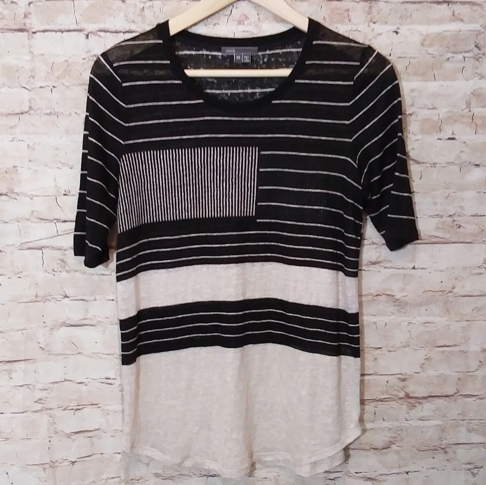 Vince Abstract Line Short Sleeve Tee Linen Top - Picture 2 of 8